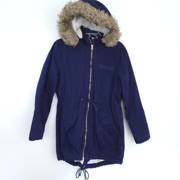 Gap Women Anorak Jacket Blue Small, Tie Gathered Waist, Faux Fur Hood, Sherpa - Picture 1 of 5